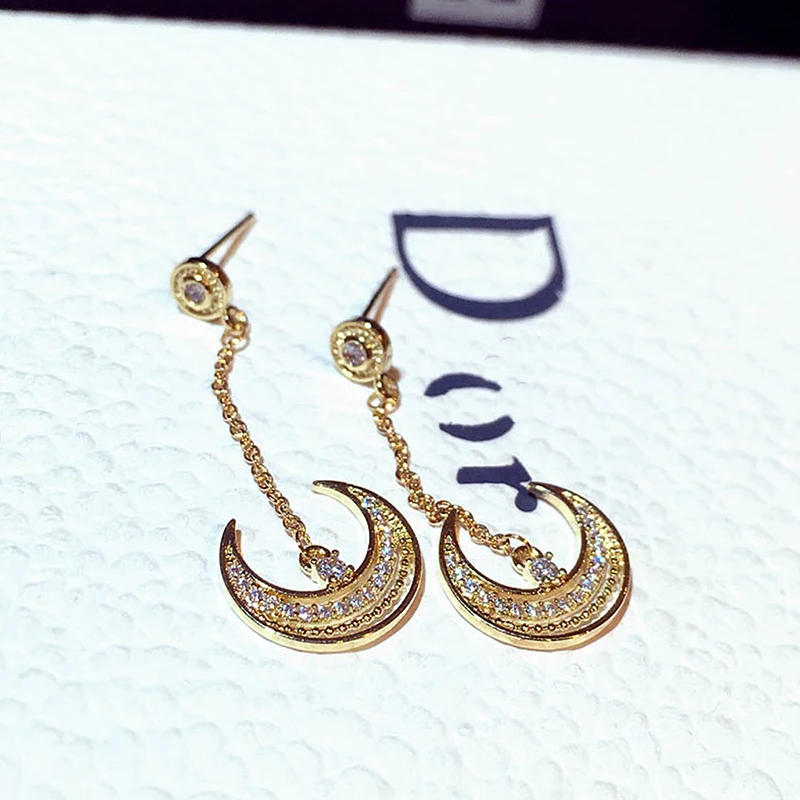 Luxury Elegant Shine Rhinestone Moon Earring for Women Feminia AAA Cubic Zirconia Drop Earrings Fine Jewelry Pendant Gift