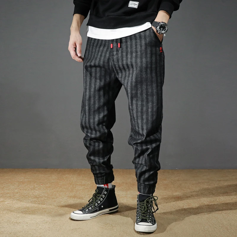 Tide/брендовые свободные штаны для мужчин, Корейская версия, Осенние новые японские джинсы Harlan, модные черные джинсы большого размера в полоску