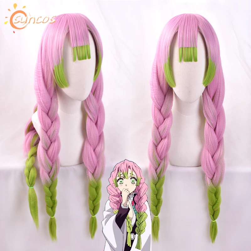 

Blade of Demon Slayer Kanroji Mitsuri Gradient Color Hair Cosplay Wig Kimetsu no Yaiba Pink Mixed Green Role Play Facial Braid