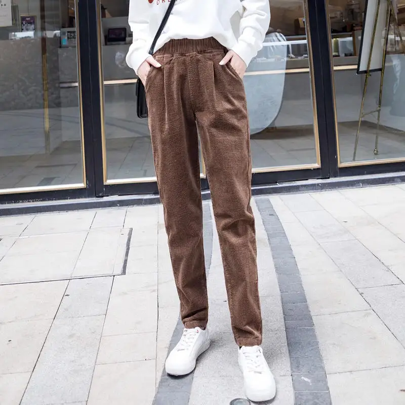 Брюки женские вельветовые с высокой талией шаровары Осень-зима повседневные