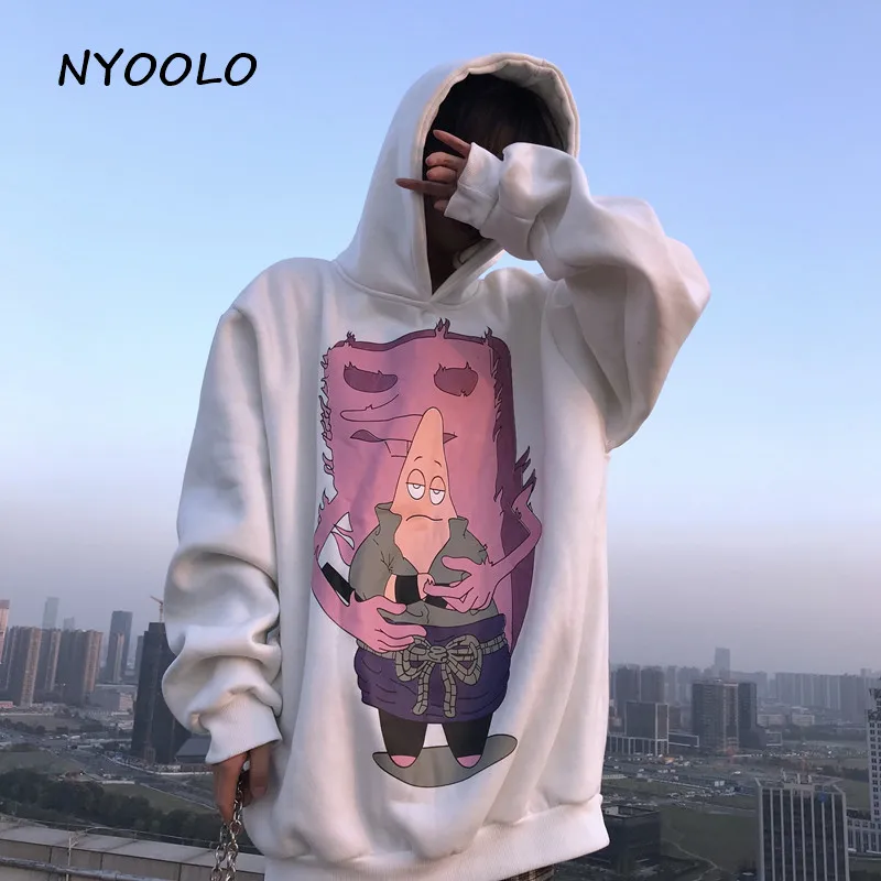 NYOOLO Harajuku street childlike мультфильм печати плюс бархат теплые толстовки Осень Зима Свободный пуловер толстовка с капюшоном для женщин мужчин