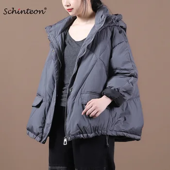 

2020 Schinteon Japanese Style Women Down Jacket Loose Over Size Outwear with Hood Autumn Winter White Duck DownCoat New