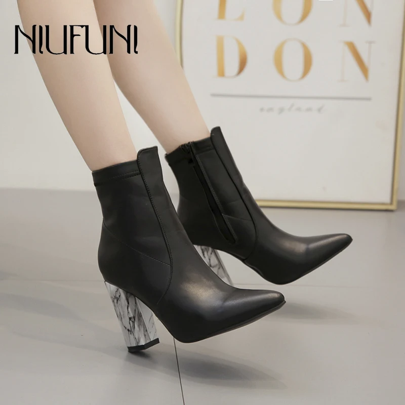 

NIUFUNI Pointed Toe PU Leather Women's Black Ankle Boots Fashion Zipper High Heels Western Woman Shoes Bottes Femme Heels 10cm