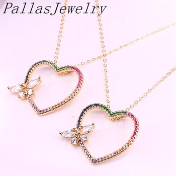 

10Pcs Multi Colorful Cz Pendant Necklaces Fashion Gold Color Rainbow Sparking Zirconia Heart with Butterfly Pendant Necklace