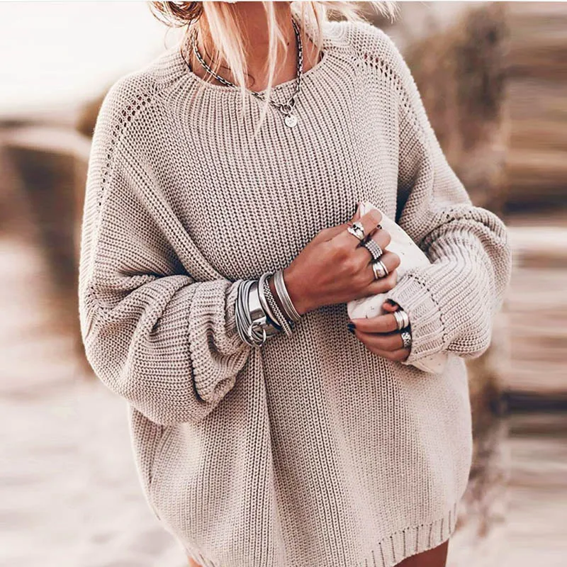 

2020 Autumn Solid Warm Long Sleeve Pullover Tops Women Winter Retro Ribbed Knit Sweater Elegant Casual O Neck Loose Sweaters