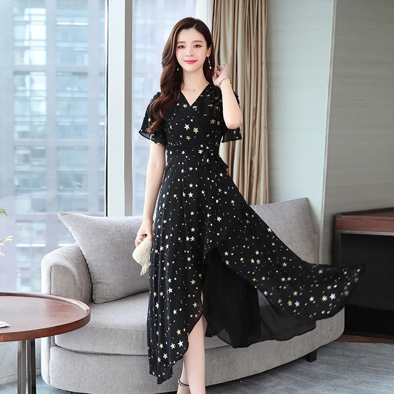 

2019 Spring And Summer Korean-style V-neck Star Short Sleeve Chiffon Dress Women's High-waisted Slimming Belly Covering Immortal
