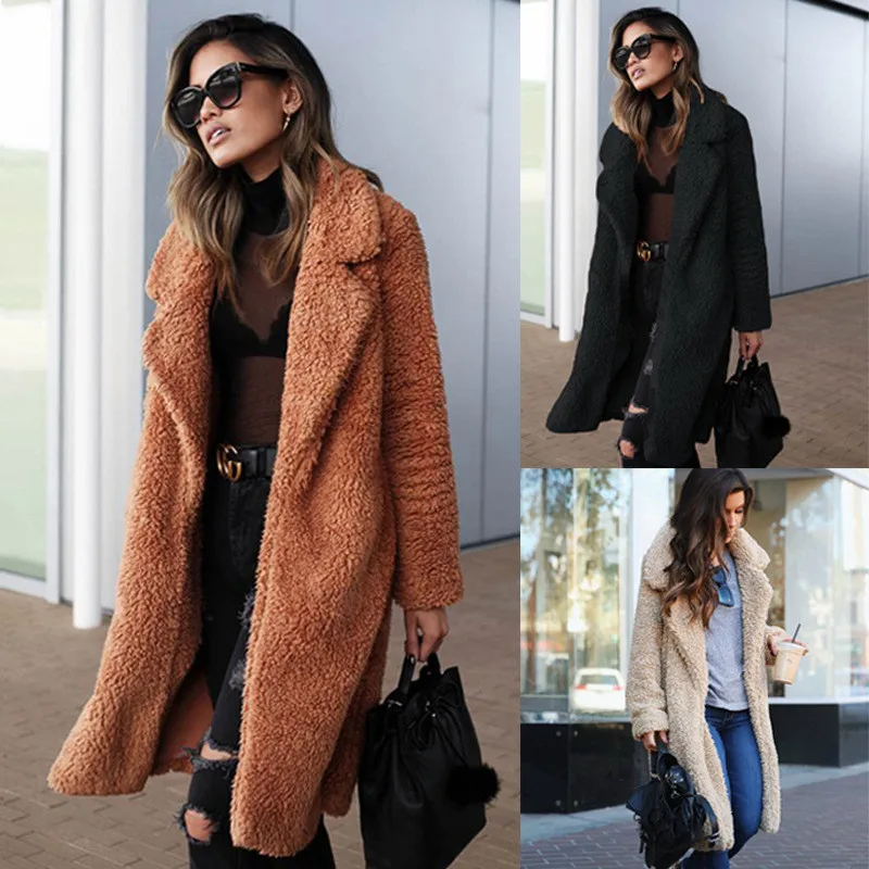 Women Fleece Long Jacket Coats Winter Thicken Warm Coat Fashion Lady Long Sleeve Solid Turn-down Collar Casual Overcoat