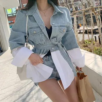 

New Autumn Spring Women's Denim Jackets Patchwork Sashes Lace Up Outerwear High Street Fashionable Jeans 2020