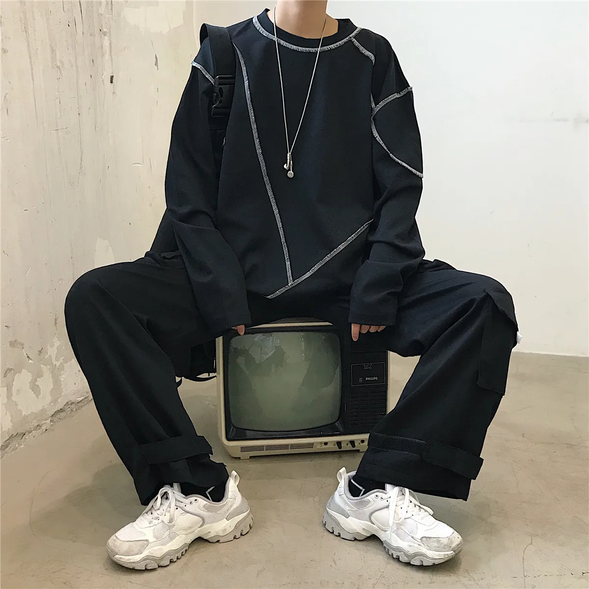 Хип-хоп панк Футболка Топ Harajuku уличная Корейская длинный рукав однотонный графический пуловер свободные негабаритные осень зима