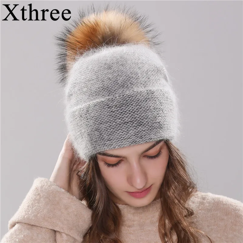 Comprar Xthree nuevo gorro de invierno para mujer, gorro de punto, gorro de piel de conejo, gorro de otoño para mujer con piel pom