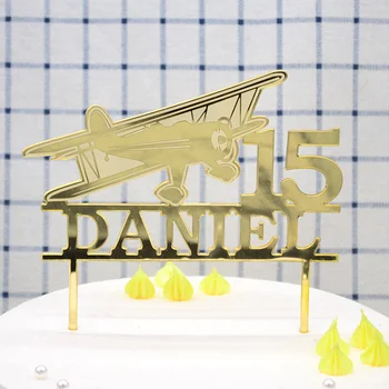

Free shippment Airplane designs mirrored acrylic laser cut custom name 15 years birthday cake topper