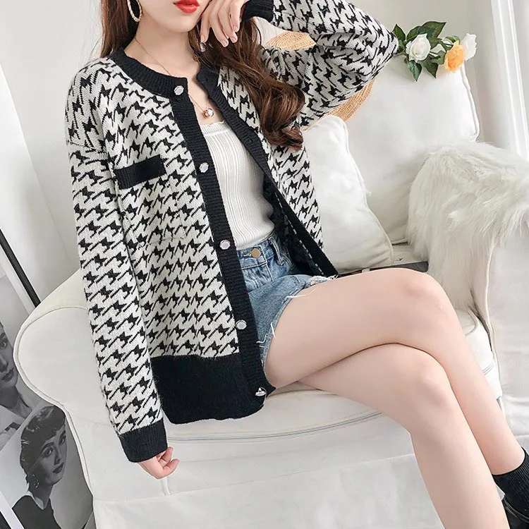 

Houndstooth Knitted Sweater Women Cardigans 2019 Single Breasted O-neck Ladies Fall Cardigans Womens Winter Sweaters