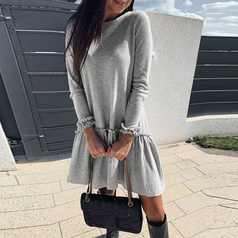 Najtaniej Lipswag kobiety sukienka 2019 jesień motyl z długim rękawem jednolita plisowana sukienka Ruffles Casual O Neck krótka mini sukienka na imprezę Vestidos