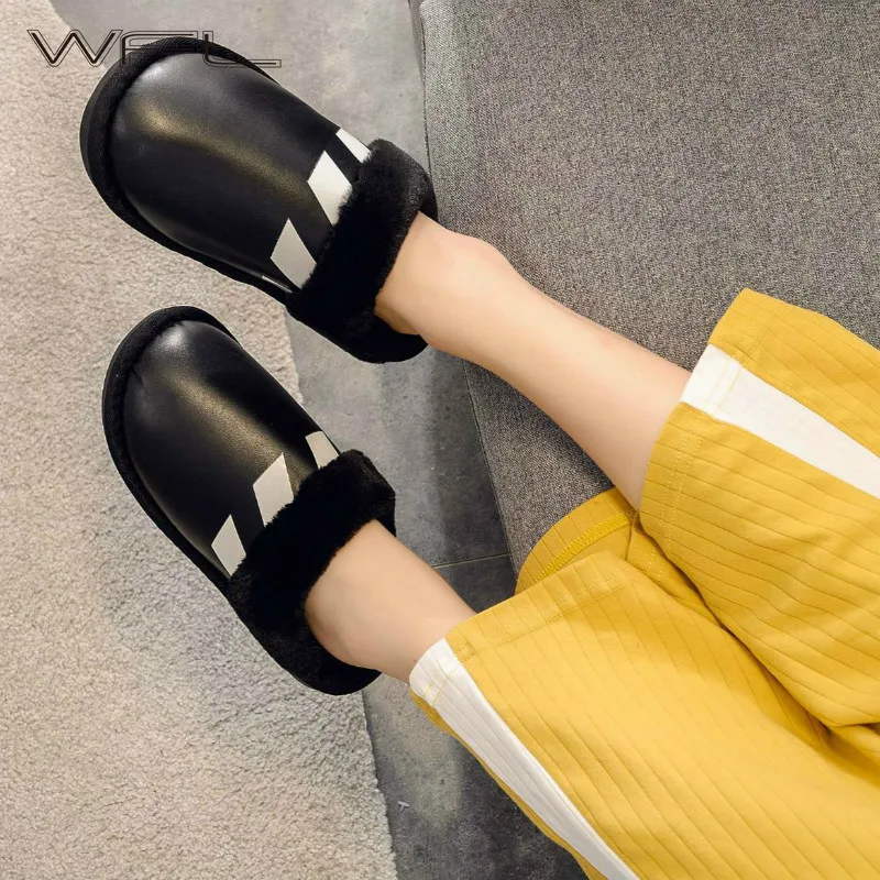 

WFL Slippers Women Winter Warm PU Plush Slippers Wood Floor Indoors Bedroom Slipper Non-slip Home Slippers Men Shoes Woman