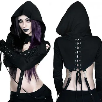 

NCLAGEN Gothic Eyelet Bandage Hooded Pullovers Women Back Lace Up Crop Top Strap Long Sleeve Punk Sweatshirts Streetwear Hoodies