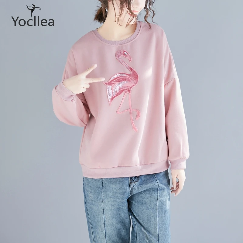 

2019 Autumn winter Add velvet Women Hoodies O-Neck Long sleeve Flamingo Embroidery Shirt Sweatshirt mam Pullovers Tops