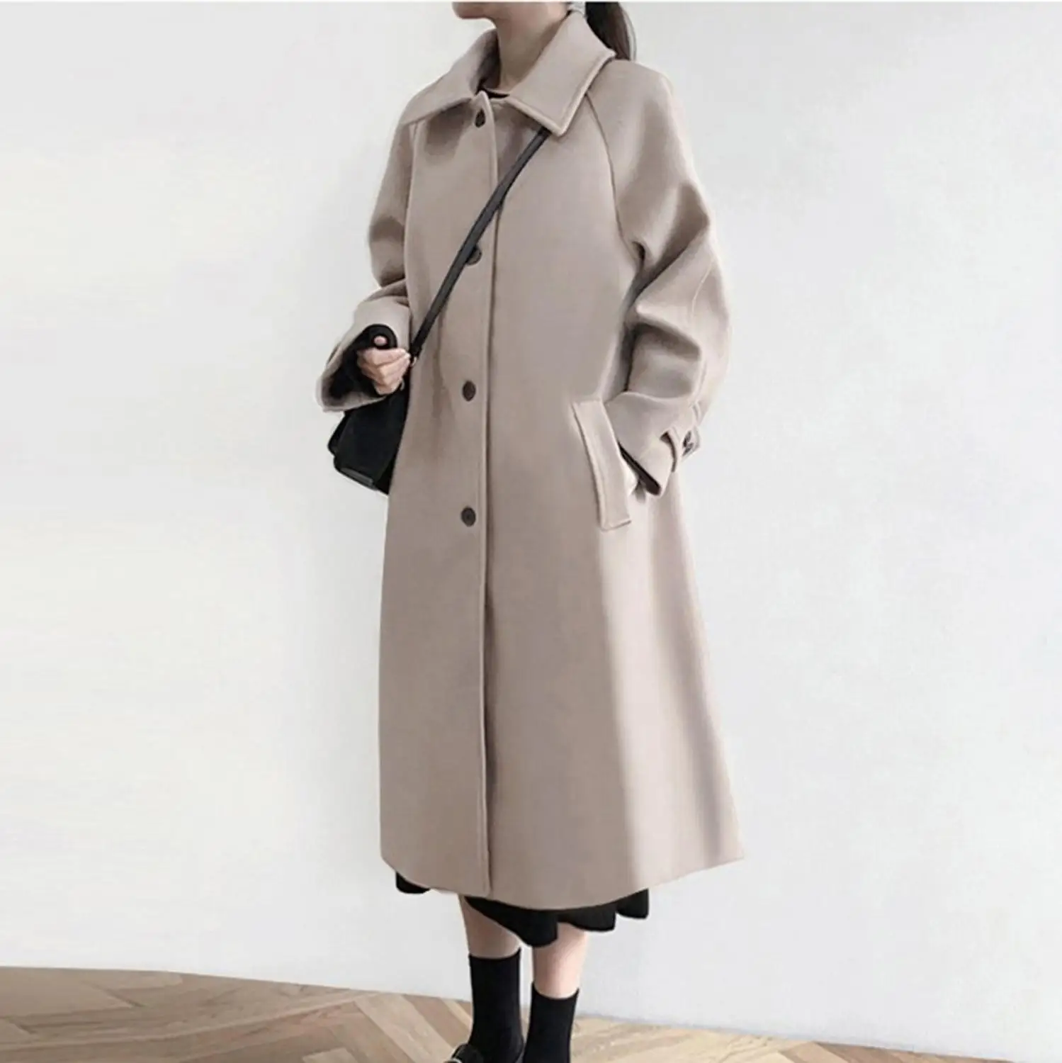 Cashmere Woolen Women Coat Winter Fashion Vintage Elegant Solid Lapel Long Coat Cappotto Lana Donna Manteau Mouton Femme