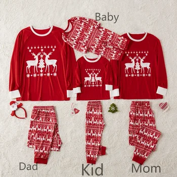 

Family Matching Autumn Winter Fun Leisure Holiday Christmas Style Red Snow And Deer dad mom boy girl baby Christmas Pajamas Set