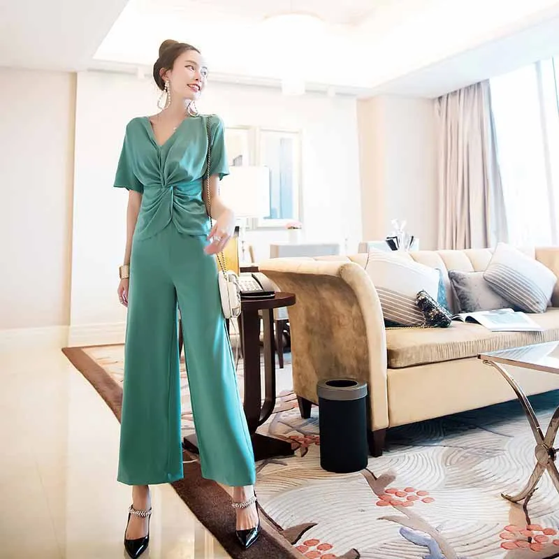 

Debutante Online Celebrity Set Pants Two-Piece Set Loose Pants 2019 New Style Women's Summer Sense of Design Short-sleeved Top L