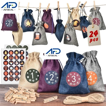 

24pcs Christmas Advent Calendar Hanging Drawstring Candy Bags with Letter Sticker+Wooden Clips+Jute Hemp Rope Christmas Decor