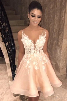 

Romantic V Neck Lace Short Homecoming Dresses Tulle High Low Applique A Line Backless Short Plus Size Customize Cocktail Dress