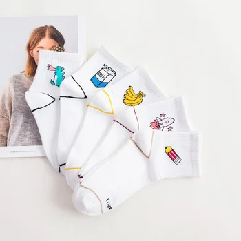 

1 Pairs Harajuku Cartoon Cute Women Socks Cotton Short Lady Banana Milk Dinosaur Print Funny Socks Casual College Style Mid Tube