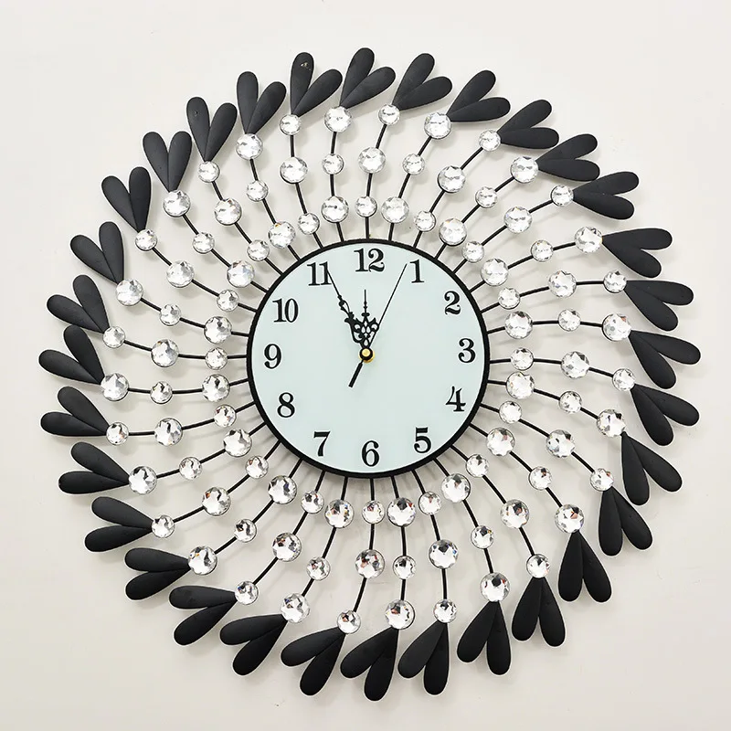 Большие металлические настенные часы современный дизайн 3D Декоративные Висячие металлические и хрустальные алмазные часы настенные часы железное искусство домашний декор 23,5" - Цвет: Black