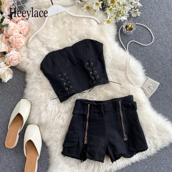

Women Summer Sexy Short Style Strap Vest Tank Tops+ Irregular Zipper Denim Shorts Sets Denim Tanks+Short Jeans Suits