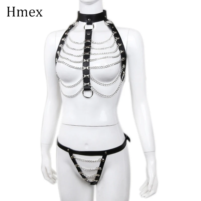 Women Leather Harness 2 Piece Set Rave Fetish Belt Chain Punk Sexy Bra Garter Belt Female Body Bondage Cage Chest Straps Gothic