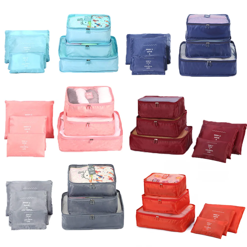6PCS Organiser Set Luggage Suitcase Storage Bags Packing Travel Cubes Fashion Solid Multifunction Travel Cosmetic Storage Case