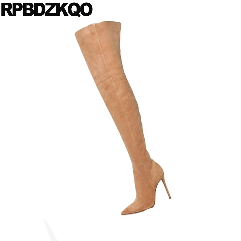 extreme pointed toe high heel slim tall shoes fetish fashion 10 big size stiletto brown over the knee thigh boots for plus women