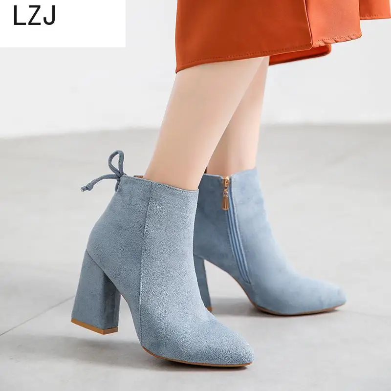 

Women Mid Calf Boots Yellow Color Pointed Toe Zippers Autumn Spring Martin Casual Lace-up High Heel Boots Ankle Boot Winter