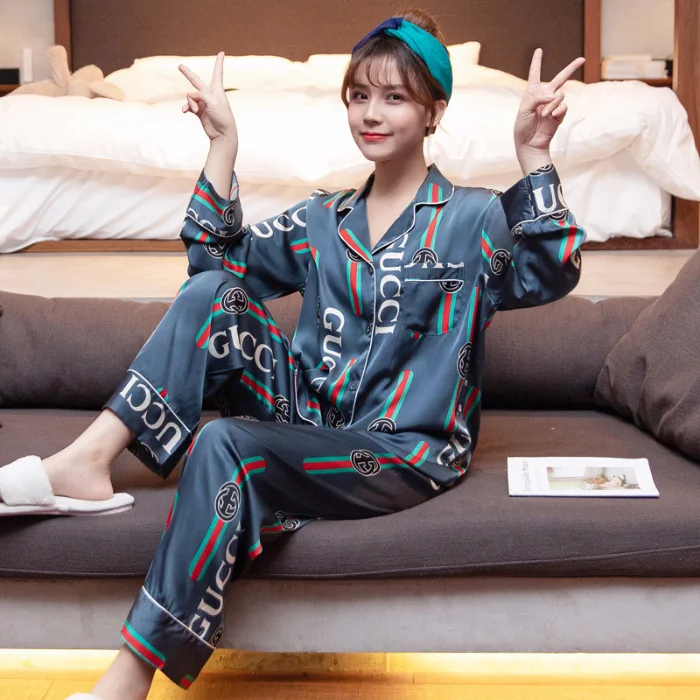 

Pajamas Women's Spring Thin Long Sleeve Viscose Big Brand Nobility Luxury Imitated Silk Fabric Set Tracksuit-Outer Wear Fashion
