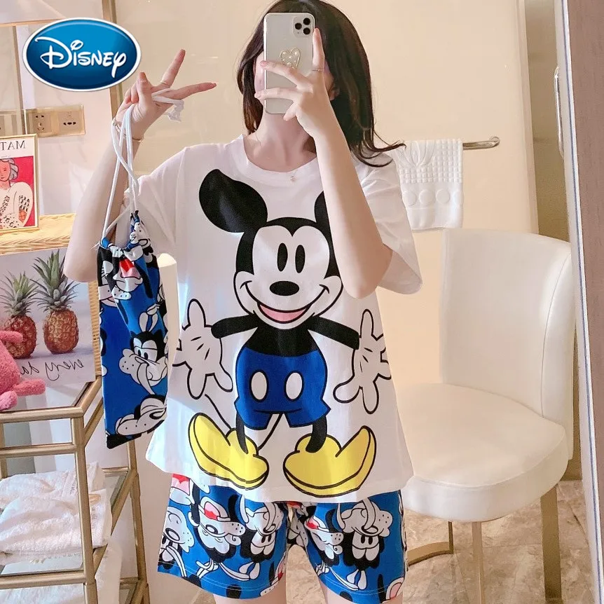 Disney Mickey Minnie Women Pajamas Set Summer Cute Cartoon Short Sleepwear Girls Comfortable Home Clothes 2