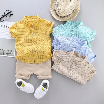 

New baby clothes summer cotton short-sleeved shorts two-piece baby boy clothes striped plaid print shirt casual baby suit