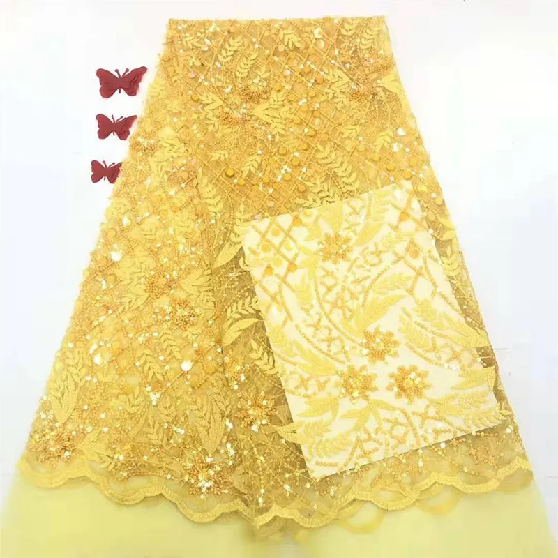 

Yellow African lace fabric, embroidered flower net lace, high quality Nigerian lace fabric with sequins for wedding dress