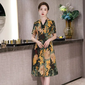 

Plus Size Spring Women Sexy Rayon Dress Print Flower Chinese Style Evening Party Qipao Handmade Button Vintage Cheongsam M-4XL