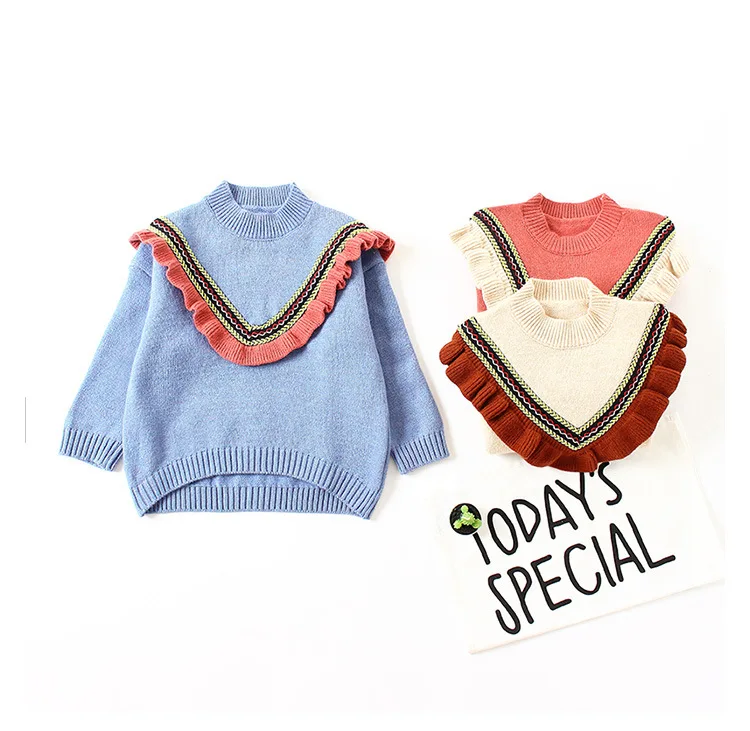 

Kids' Sweater Autumn 2018 New Style Girls Korean-style Sweet Frilled Pullover Knitting Shirt Children Base Shirt