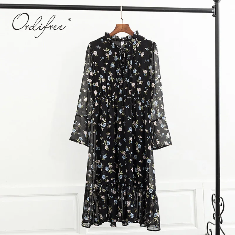 

Ordifree 2019 Summer Women Long Chiffon Dress Long Sleeve Bohemian Vintage Print Floral Maxi Dress