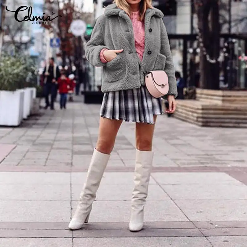 Women Winter Autumn Thin Coats Celmia Faux Fur Coats Long Sleeve Fluffy Jackets Casual Pockets Fleece Outerwear Plus Size
