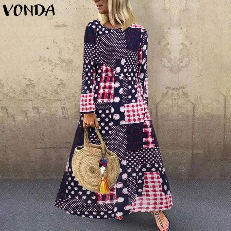 VONDA, женское платье с длинным рукавом, винтажное, с принтом, праздничное, макси, богемное, из кусков, длинные платья, вечерние, Vestidos размера плюс, сарафан, 5XL