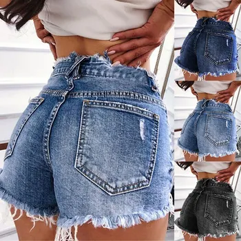 

MJARTORIA Women Summer Denim Shorts Slim Sexy Ripped Hole Jean Femme Skinny Shorts Tassel Vintage Blue High Waist Jeans Shorts