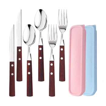 

6 Pcs Portable Utensils Set with 2 Cases,Stainless Steel Knife Fork Spoon with Wooden Handle,for Travel Office Camping