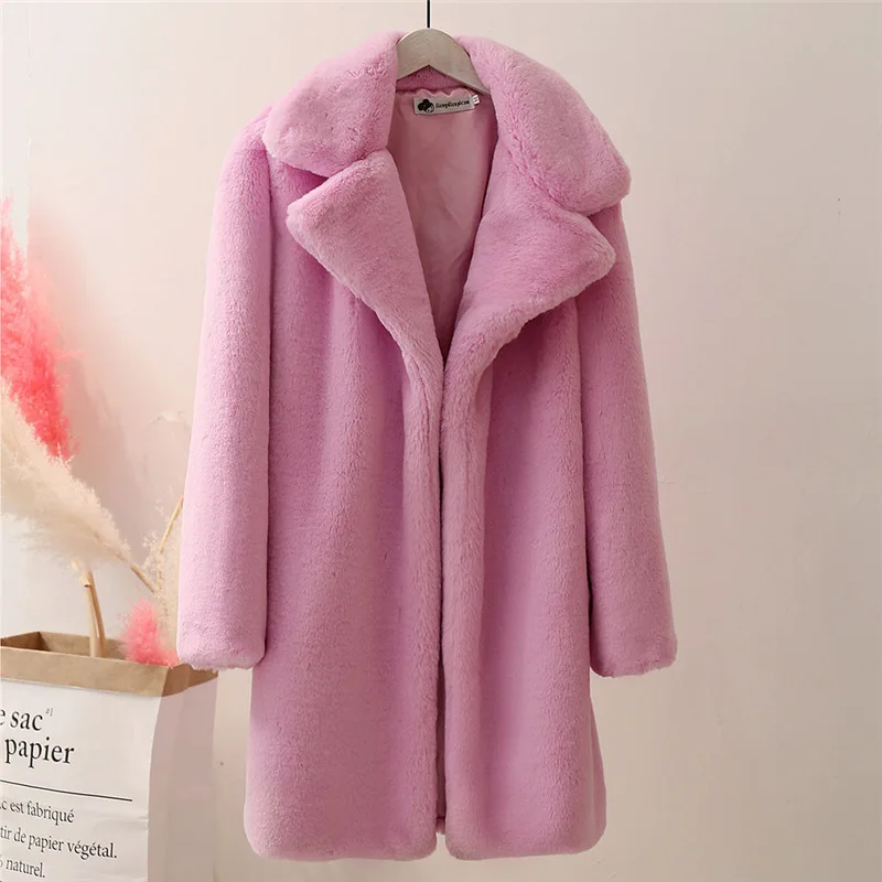 Purple Женское пальто из искусственного меха, модное женское однотонное пальто средней длины, ветровка с отложным воротником, теплое плюшевое пальто для женщин, зимнее пальто размера плюс - Цвет: Purple