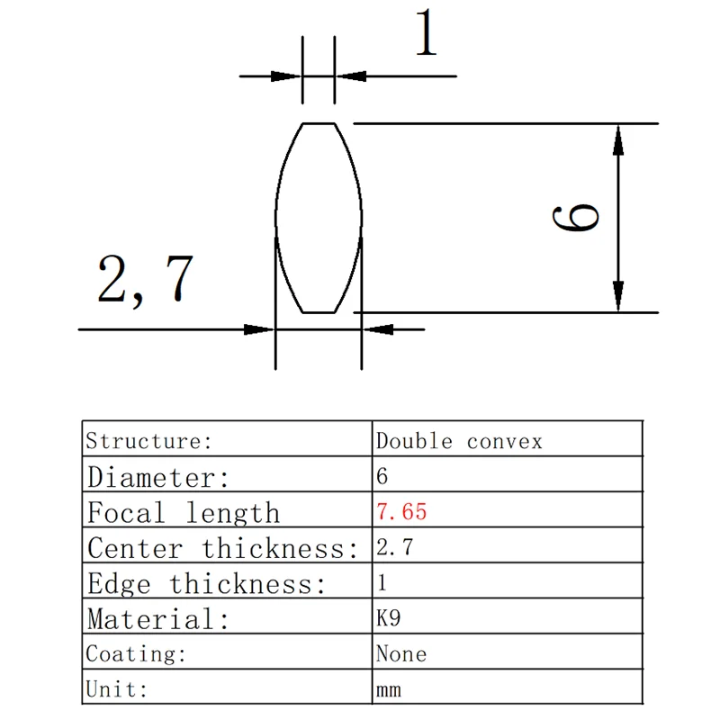 Двойная выпуклая линза диаметр 6 мм фокусное расстояние 7,65 мм K9 стеклянная линза оптическая стеклянная оптическая линза