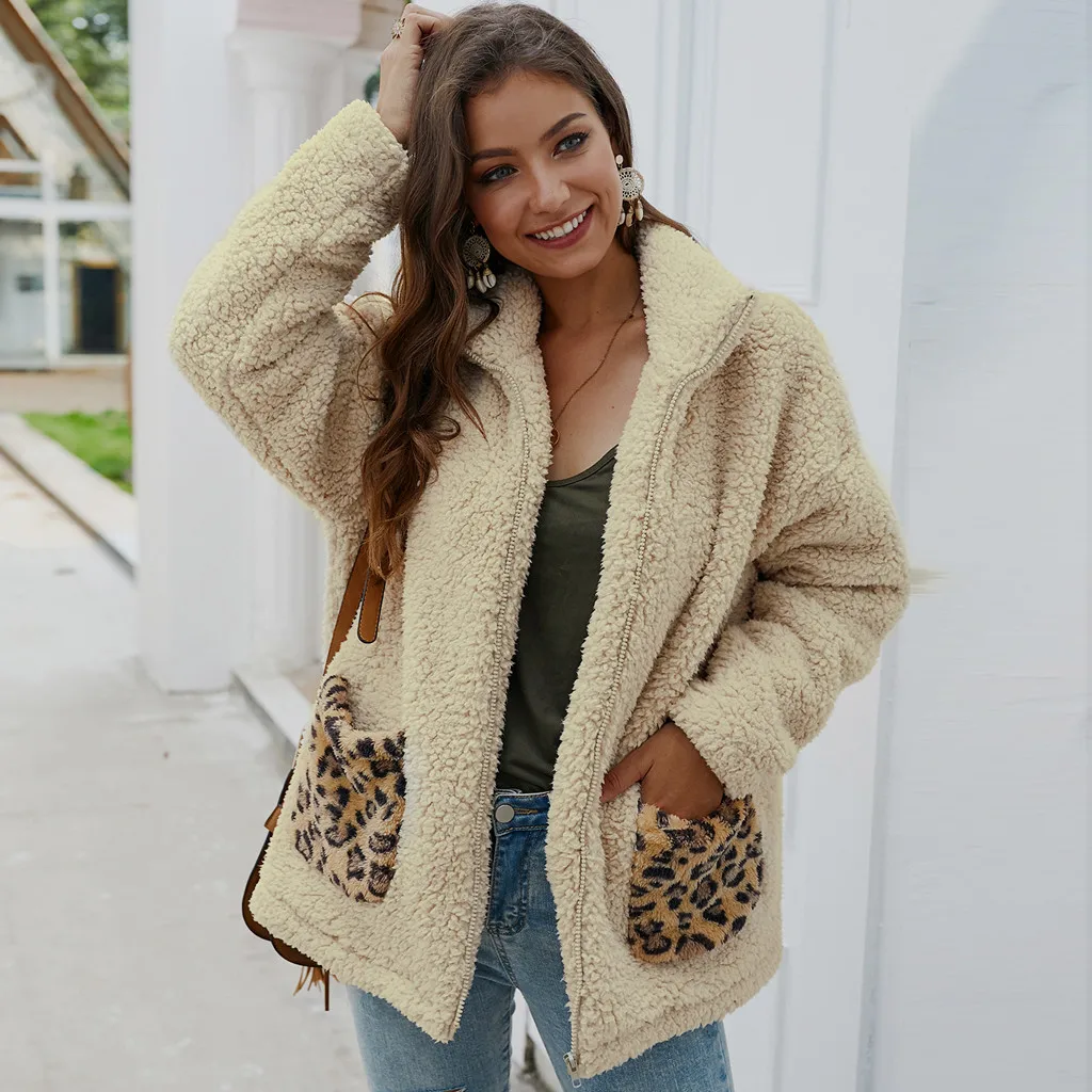 Jaycosin Fashion Women Winter Loose Wild Leopard Print Fleece Coat Stylish Long Sleeve Comfortable Soft Cardigan Zipper Coat22#4