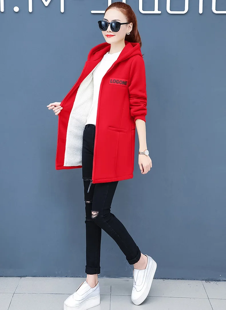 UHYTGF толстовка с капюшоном больших размеров из овечьей шерсти и кашемира, осенне-зимнее пальто, женская толстовка с бархатом, Повседневная теплая Женская куртка с капюшоном 565