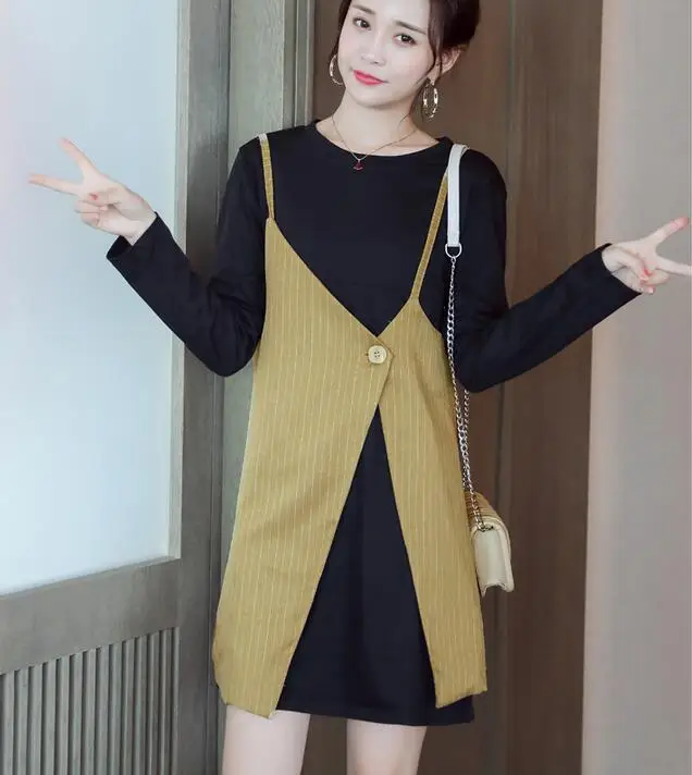 khaki twinset Зимнее платье для кормящих мам, костюмы с длинными рукавами, хлопковое платье для кормления+ платье с разрезом на бретельках, элегантный офисный набор для грудного вскармливания - Цвет: khaki twinset