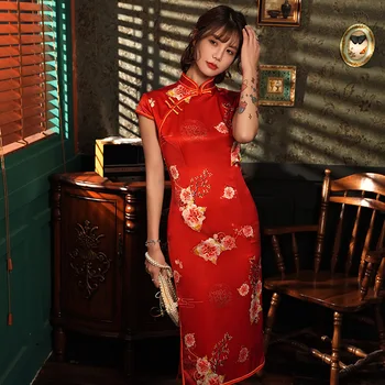 

Elegant Women Satin Qipao Print Flower Mandarin Collar Sexy Cheongsam High Split Wedding Party Dress Large Size 4XL Vestidos