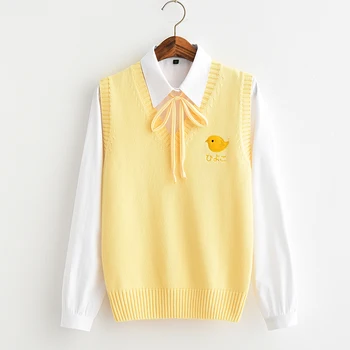 

Sweet Young Girl Bottoming Sweater Vest Yellow Chick Embroidery Autumn Winter Women V-neck Cotton Pullover Tops College style